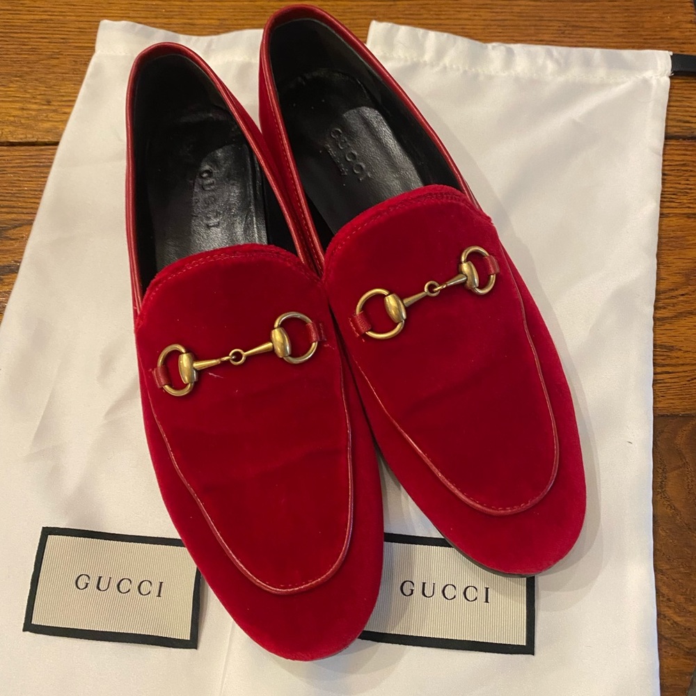 Gucci Jordaan Red Velvet Loafers 36.5